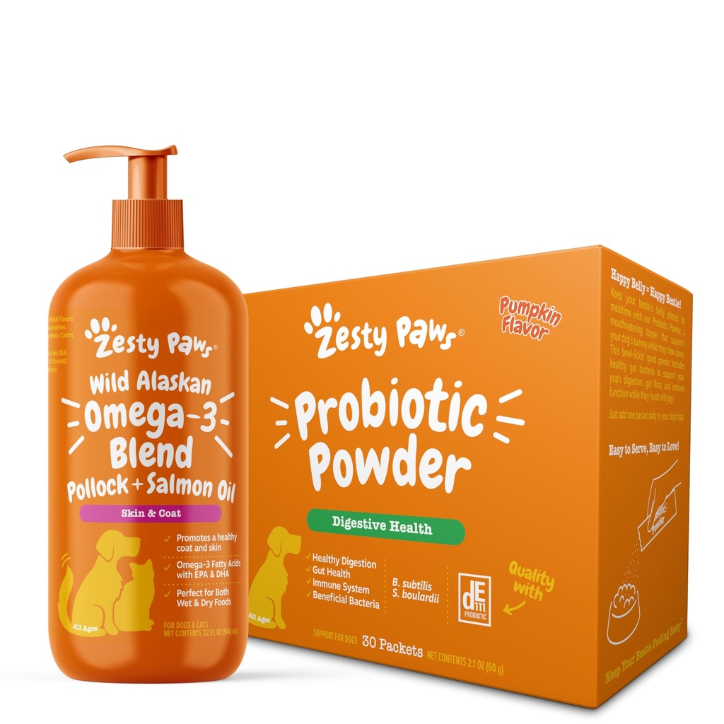 Zesty Paws Wild Alaskan Omega-3 Blend Pollock + Salmon Oil for Dogs + Probiotic Powder for Dogs