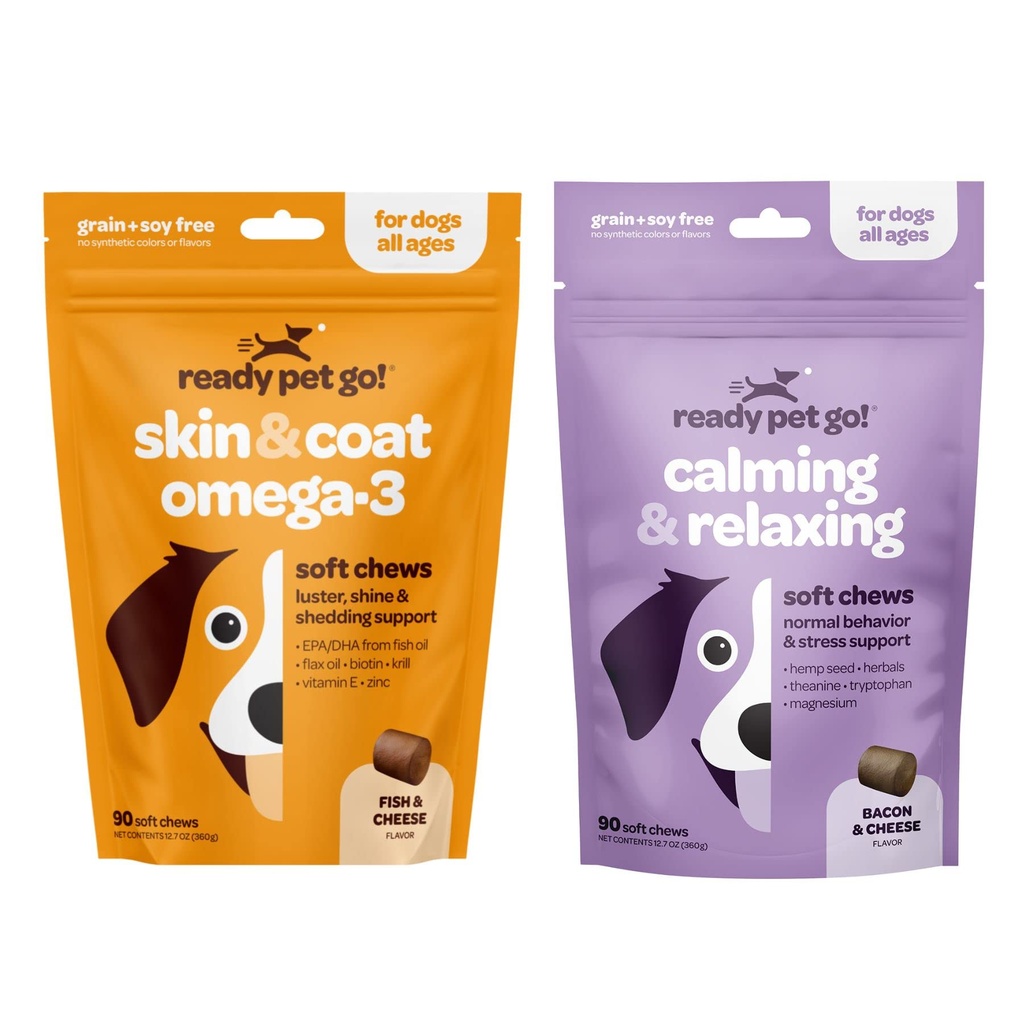 Omega 3 + Calming Chews for Dogs | Helps with Dog Anxiety, Separation & Barking | Fish Oil for Dog Shedding, Skin Allergy, Itch Relief | 90 Chews Each