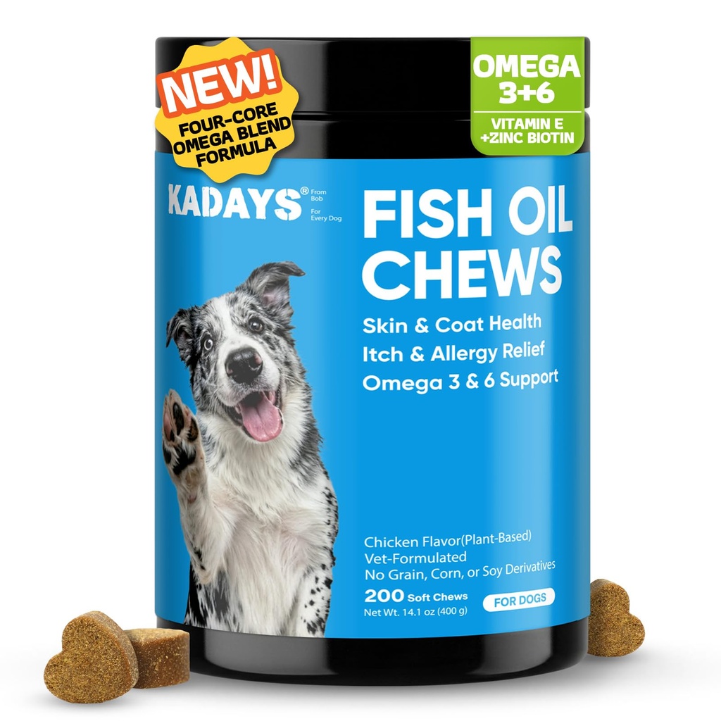 Omega 3 Skin and Coat Supplement for Dogs 200 Chews Meat-Free Dog Omega 3 Chews with EPA & DHA Fatty Acids Dry Skin Relief Shedding Allergy Itching Promotes Heart Hip & Joint Health Chicken Flavor