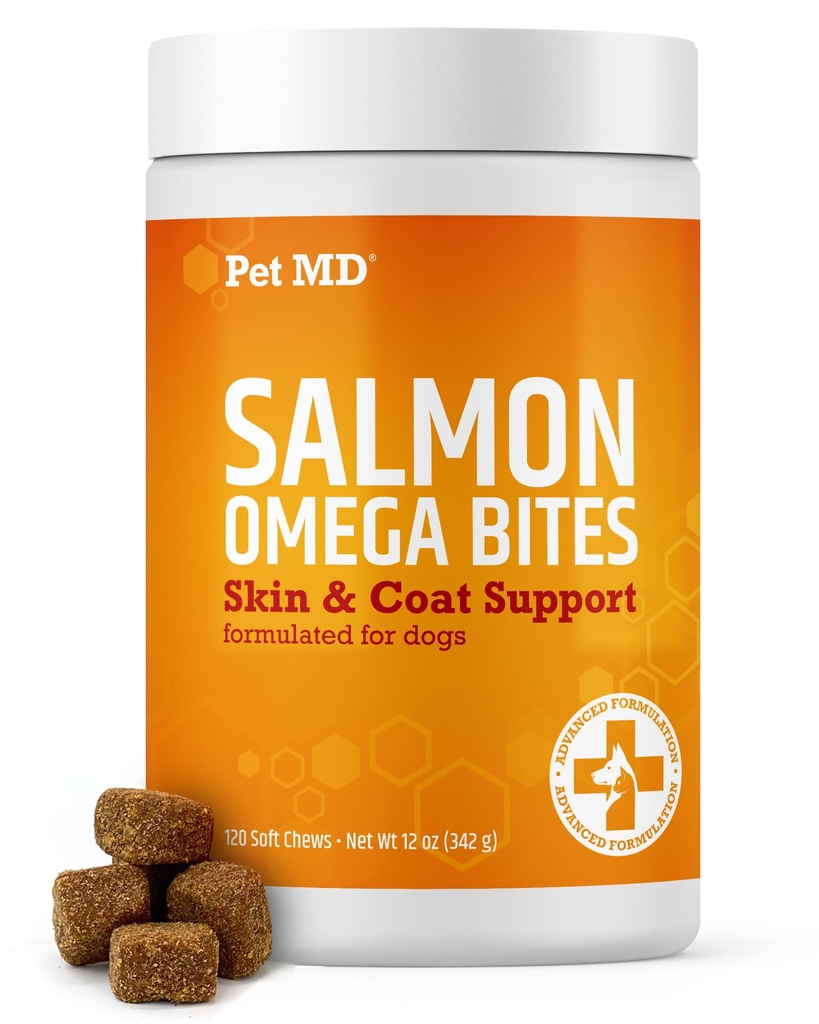 Pet MD Salmon Oil Chews for Dogs - Dog Skin and Coat Supplement - 120ct | Omega 3 & 6 for Pets with DHA & EPA - Promotes Allergy & Dry Skin Relief