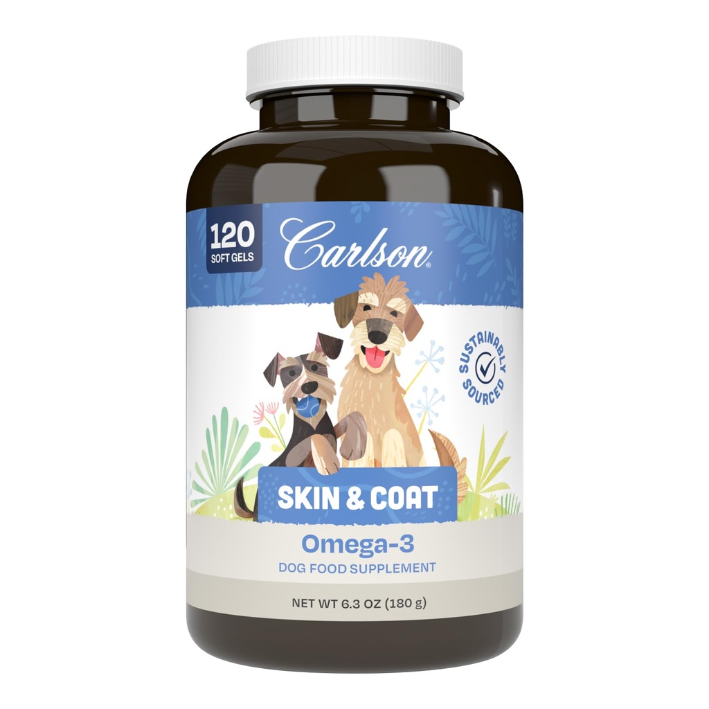 Carlson Omega-3 Fish Oil Soft Gels for Dogs, Supports Skin & Coat, Joint & Heart Health, Dog Supplement, 120 Soft Gels