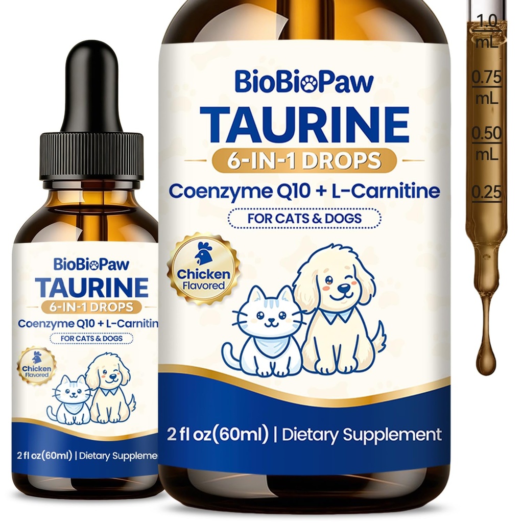 Taurine for Cats & Dogs Liquid Drops with L-Carnitine, CoQ10, Omega-3 | Taurine Supplement Supports Heart, Immune, Brain, Vision, Metabolism & Vitality for Kitty Made in USA 60 ml (Chicken Flavor)