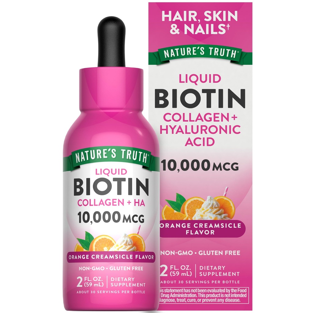 Nature's Truth Liquid Biotin and Collagen | 10,000mcg| 2 fl oz | with Hyaluronic Acid | Orange Creamsicle Flavor | Non-GMO & Gluten Free Supplement
