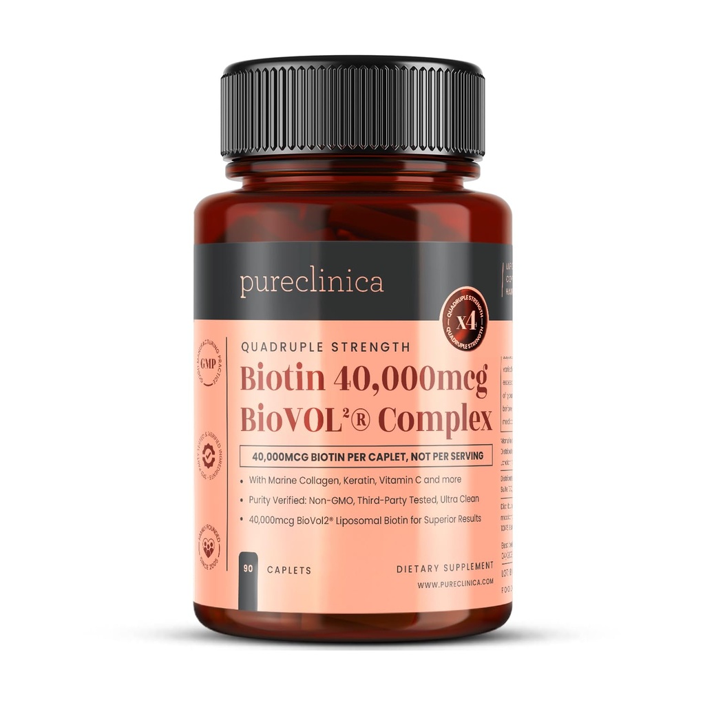 pureclinica 400% Strength Biotin 40,000mcg x 90 Caplets – BioVOL²® Liposomal Biotin Complex | with Marine Collagen, Keratin, Vitamin C & More | 3 Months Supply