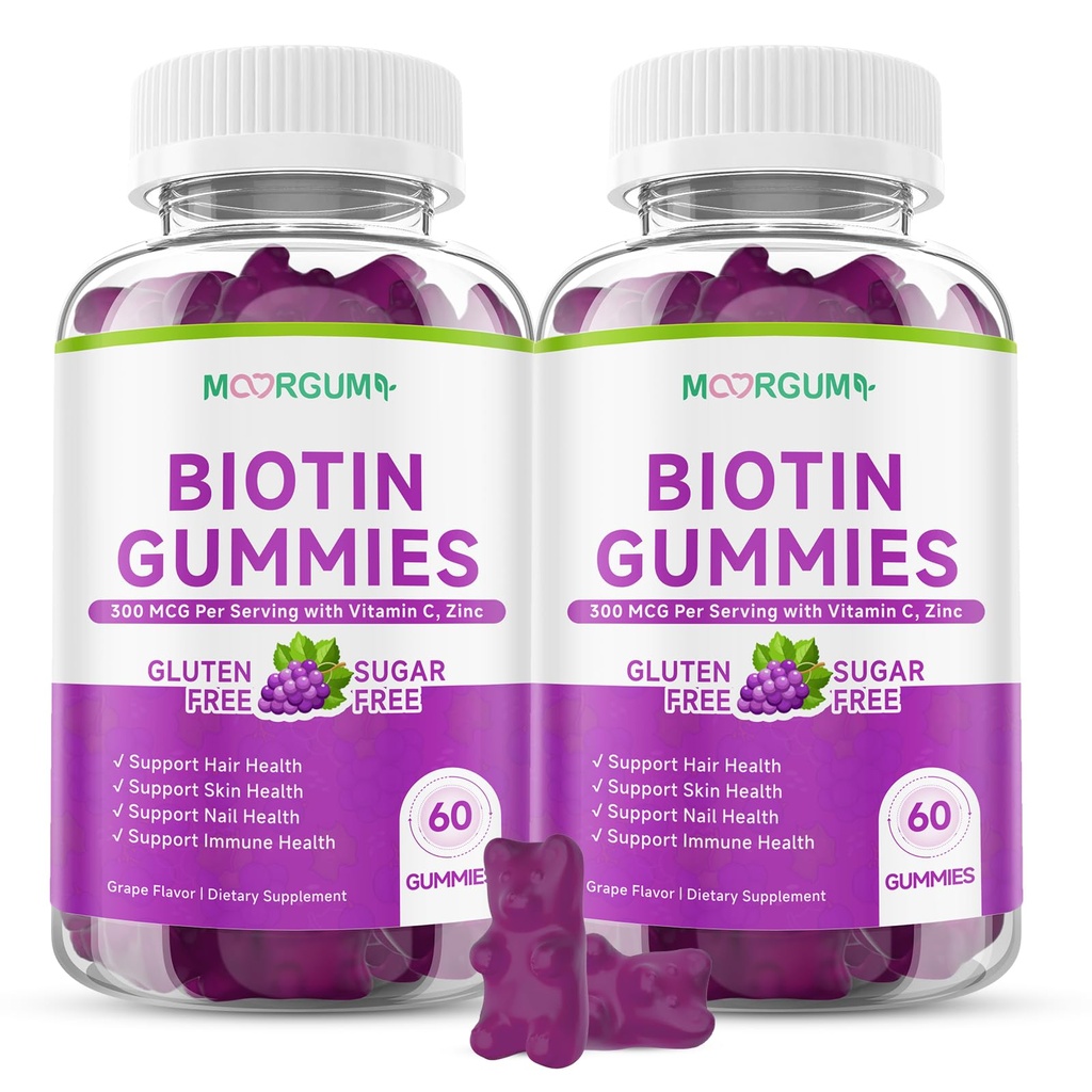 Sugar Free Biotin Hair, Skin & Nails Gummies, Supports Healthy Hair, Skin and Stronger Nails, with Vitamin C, Zinc Chewable Vitamin B7 Supplements for Women & Men, Vegan, Non-GMO, Grape, 120 Count