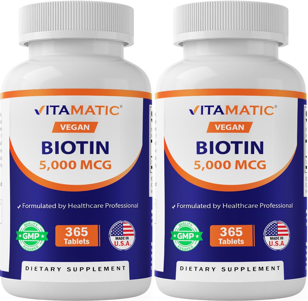 Vitamatic Biotin 5000mcg (5 mg) for Stronger Hair, Skin & Nails - 365 Vegan Tablets- Also Called Vitamin B7-2 Pack