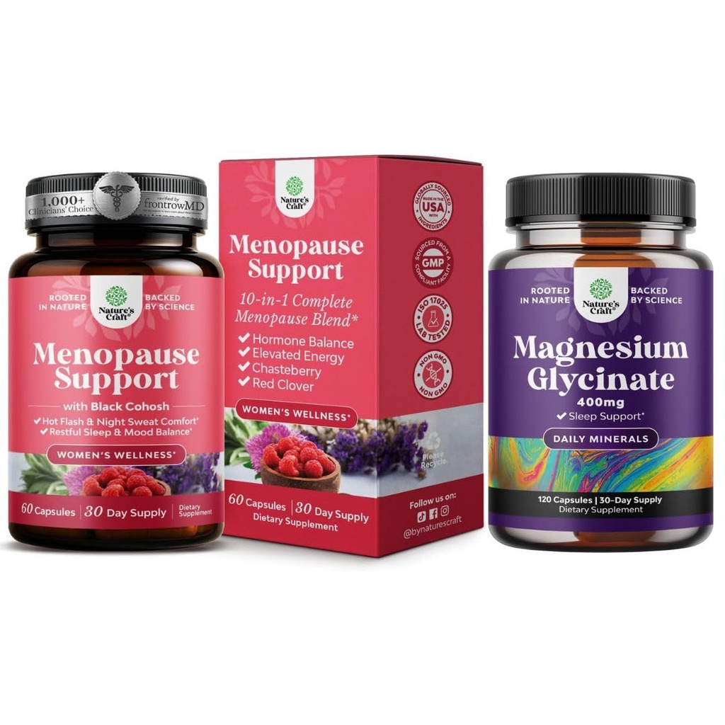 Bundle of Complete Herbal Menopause Supplement for for Night Sweats Hot Flashes & Mood Swings and Pure Magnesium Glycinate Supplement 400mg Per Serving - High Absorption Chelated Magnesium Capsules