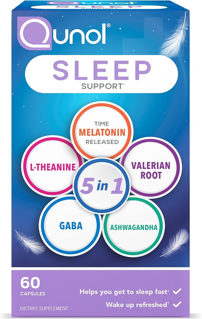 Qunol Sleep Support, 5 in 1 Non-Habit Forming Sleep Aid, Addition with time-released Melatonin 5mg, Ashwagandha, GABA, Valerian Root, L-Theanine, 60ct Capsules