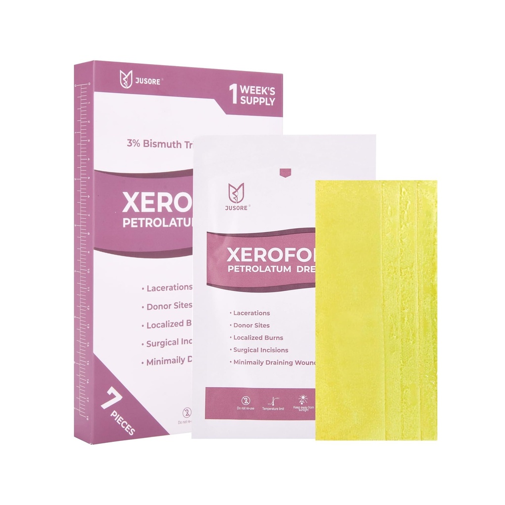 JUSORE Xeroform Petrolatum Dressing - FSA-HSA, 5"x9" Medical Non Stick | Gauze Pads, Soft Mesh Gauze Patch for Wound Care, Burns, Lacerations, Skin Grafts & Surgical Incisions, 7 Individual Pack