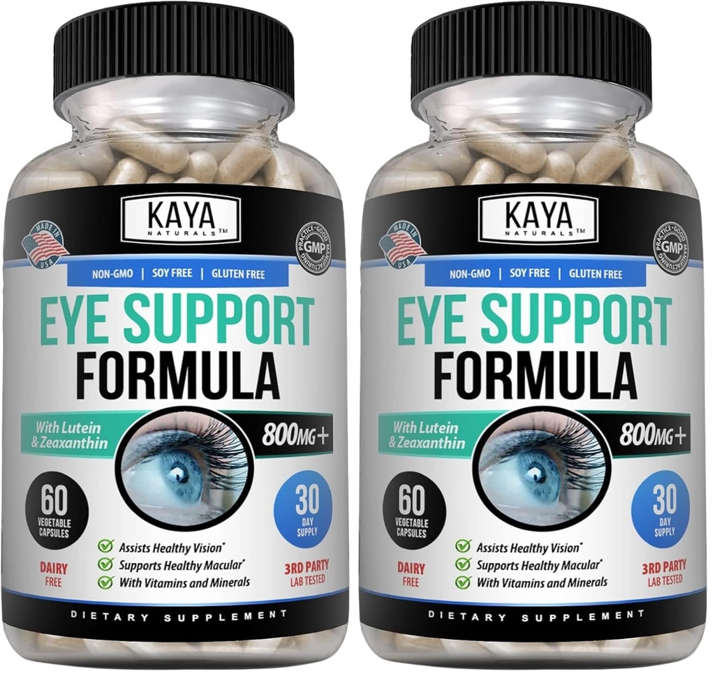 Kaya Naturals Eye Health Supplement - Lutein & Zeaxanthin - Supports Eye Strain, Dry Eyes, and Vision Health - Clinically Proven Ingredients 800mg Vitamin Supplement - 60 Count (Pack of 2)