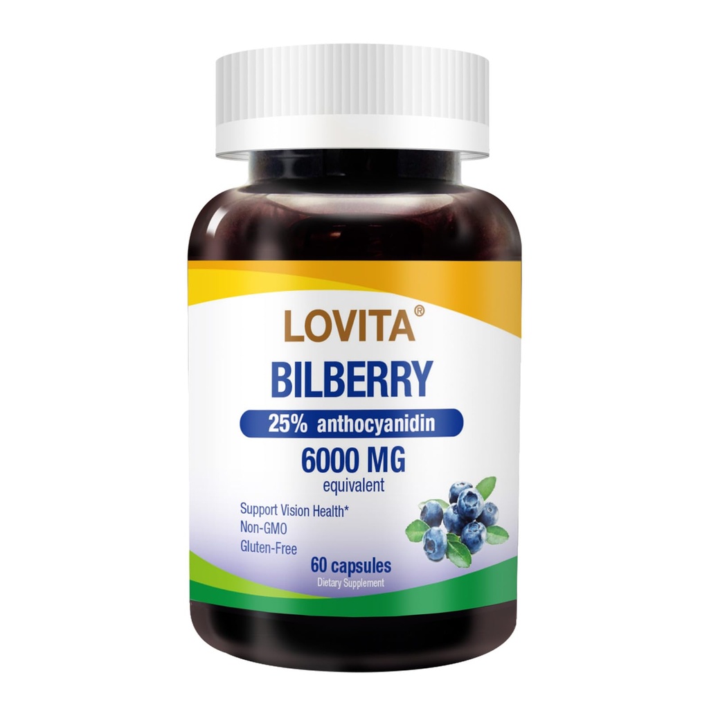 LOVITA Bilberry Extract, 100:1, 25% Anthocyanins, 60 Capsules | Daily Vision Wellness, Antioxidant Support, Standardized Extract, Non-GMO, Gluten Free