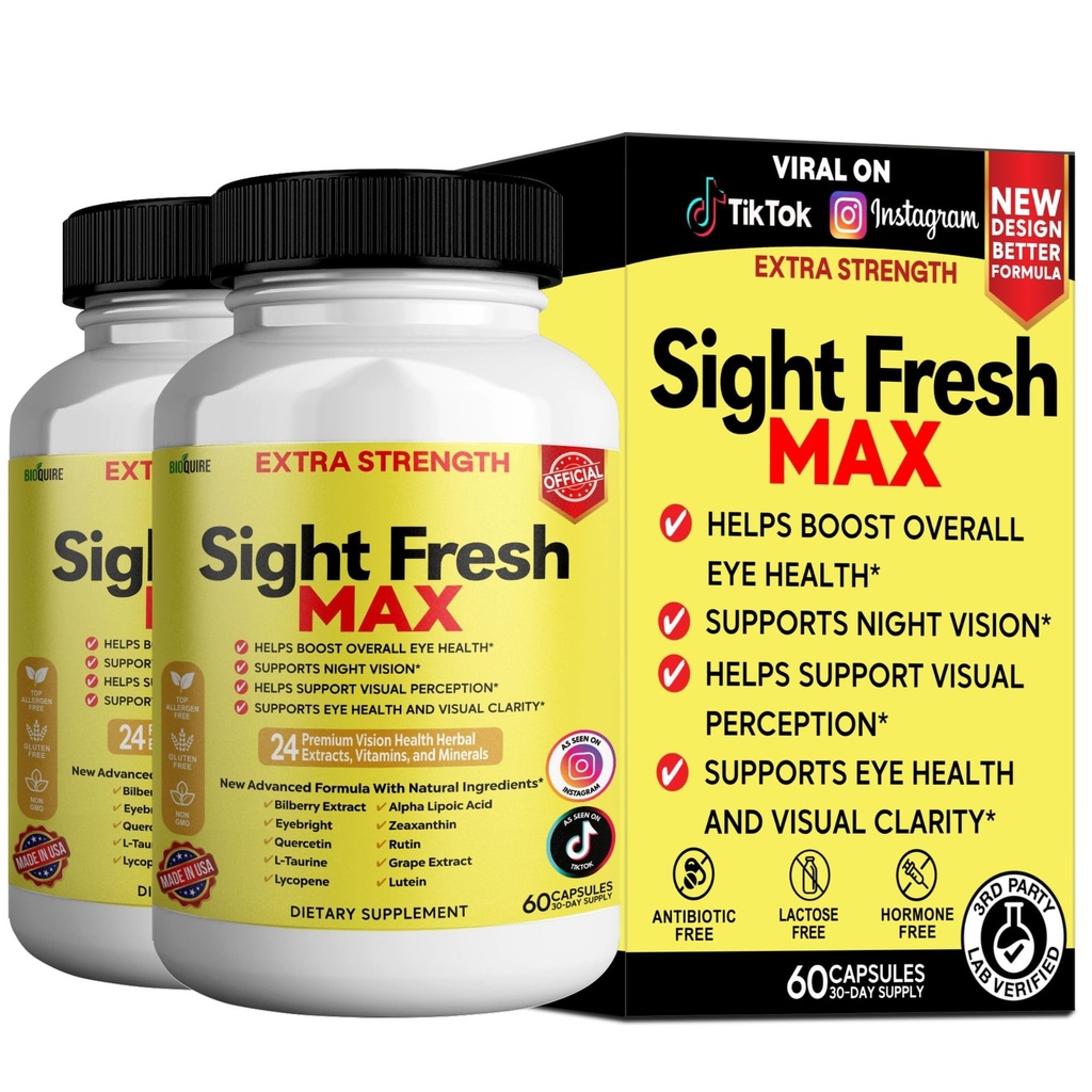 Sight Fresh MAX Vision Support Supplement, 60 Capsules, Extra Strength Eye Health Formula with Bilberry, Lutein, Vitamins, 30 Day Supply (2)