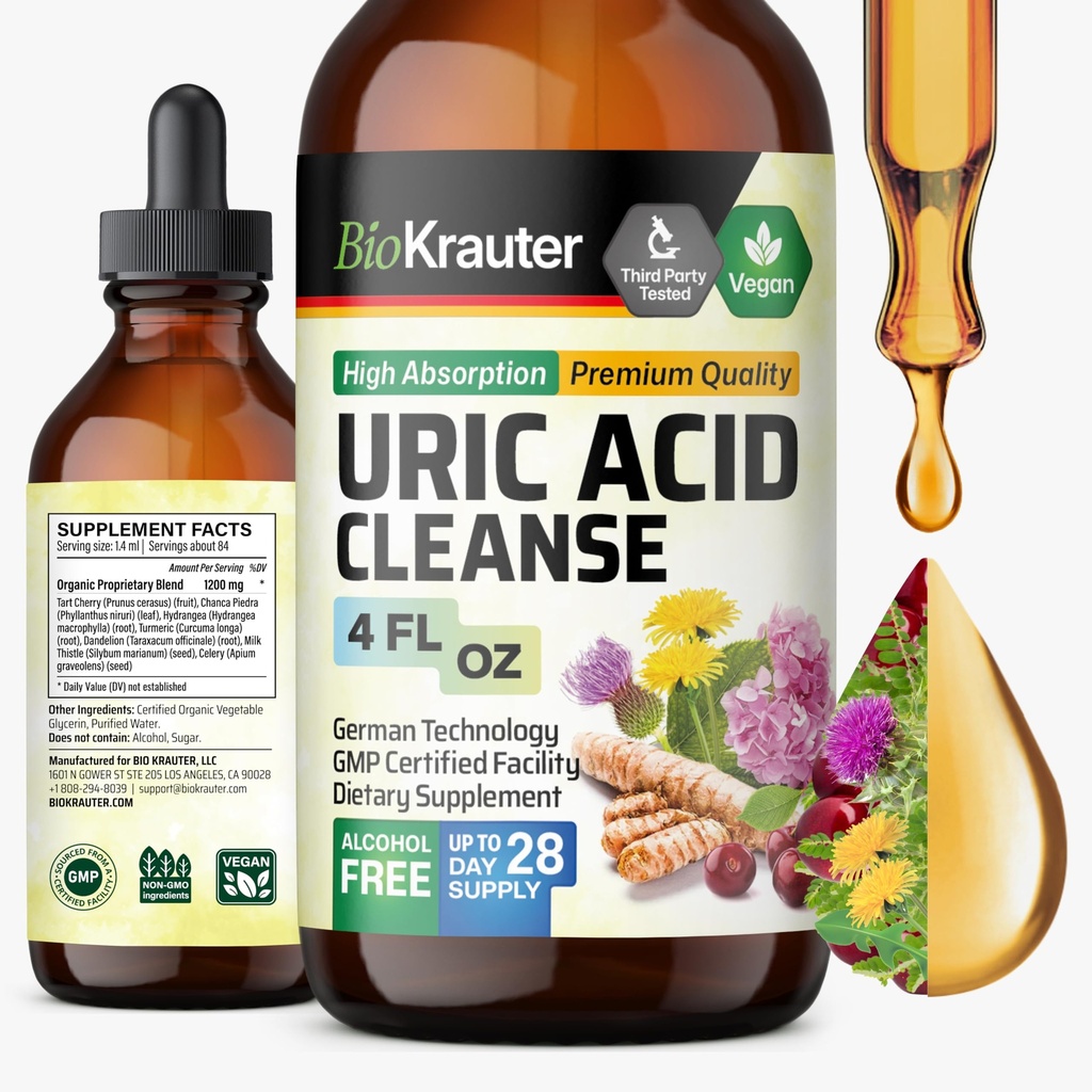 BIO KRAUTER® 7-in-1 Uric Acid Support Supplement with Tart Cherry, Dandelion Root, Cranberry, Celery & Chanca Piedra – Herbal Kidney Support with Milk Thistle & Turmeric 1200 mg, 4 Fl.Oz.