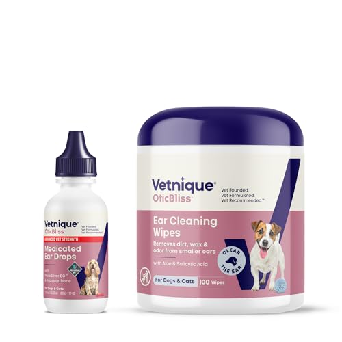 Vetnique Oticbliss Dog Ear Infection Drops & Advanced Cleaning Wipes Bundle | 0.2% MicroSilver BG & 1% Hydrocortisone Drops Plus 100 Pre-Moistened Ear Wipes for Yeasty, Smelly Ears; Dog & Cat-Safe