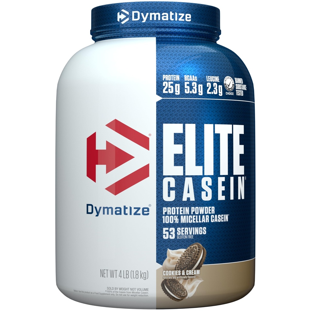 Dymatize Elite Casein Protein Powder, Cookies & Cream, 100% Micellar Casein, 25g Protein, 5.4g BCAAs, 2.3g Leucine, Slow Absorbing for Overnight Muscle Recovery, 4 lb (53 Servings)