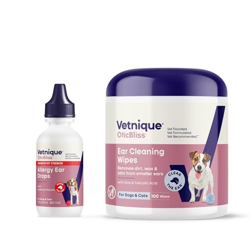 Vetnique Oticbliss Dog Allergy Ear Drops & Advanced Cleaning Wipes Bundle | 1% Hydrocortisone & Chitosan Drops Plus 100 Pre-Moistened Wipes for Itchy, Red, Allergy-Inflamed Ears; Dog & Cat-Safe
