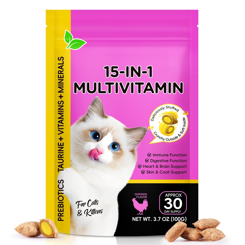 Cat Vitamins Chews, 15 in 1 Cat Multivitamin Treats for Health, Immune, Joint Support, Skin & Coat, & Digestion, Vitamins with Taurine, Omega-3s & Probiotics, Chicken (30 Day Supply)