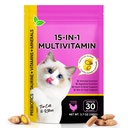 Cat Vitamins Chews, 15 in 1 Cat Multivitamin Treats for Health, Immune, Joint Support, Skin & Coat, & Digestion, Vitamins with Taurine, Omega-3s & Probiotics, Chicken (30 Day Supply)