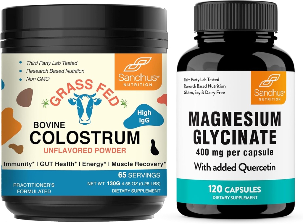 Sandhu Colostrum Pulber & Magneesium Glütsinaat Kompleks Quercetin Kapslid | Toetab Soolestiku, Immune Health & Quality Sleep