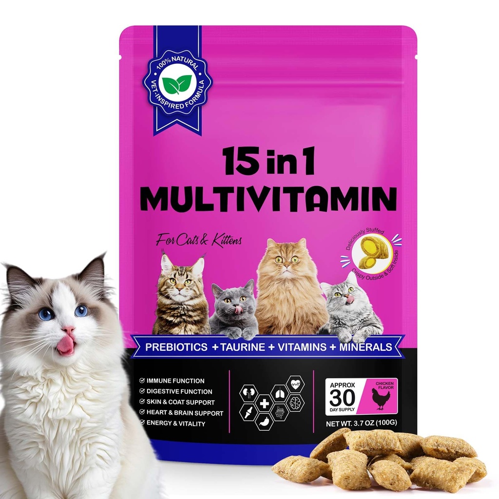 Cat Multivitamin Chews, 15-in-1 Multivitamin Cat Treats for Heart Health, Joint, Skin & Coat, Immune Digestive Support, Supplements & Vitaminsfor Cats, Chicken Flavour (30-Day Supply)