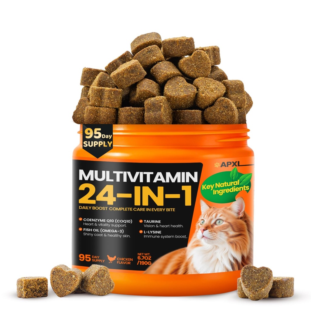 APXL Taurine for Cats - 24 in 1 Cat Vitamins with CoQ10, Natural Flavors | 24 Nutrients with L-Lysine, Cat Treats for Immunity, Joints, Skin, Coat & Heart, Zero Artificial Lures, 95-Day Supply