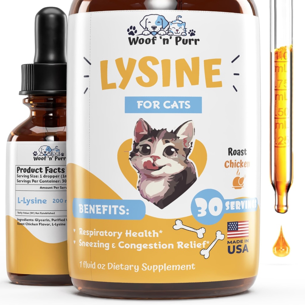 Lysine for Cats - L-Lysine for Cats - May Help with Respiratory Health, Sneezing, Runny Nose & More - Cat Cold Relief - Cat Sneezing Treatment - 1 fl oz