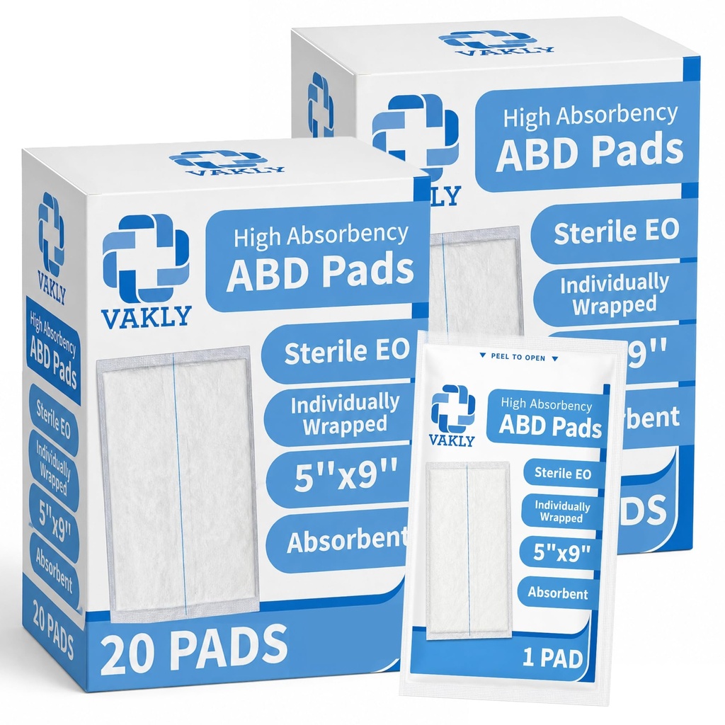 Vakly ABD Pads 5x9 Sterile – Abdominal Combine Gauze Pads, High Absorbency Non-Adherent Wound Dressing for Heavy Drainage & First Aid, Individually Wrapped