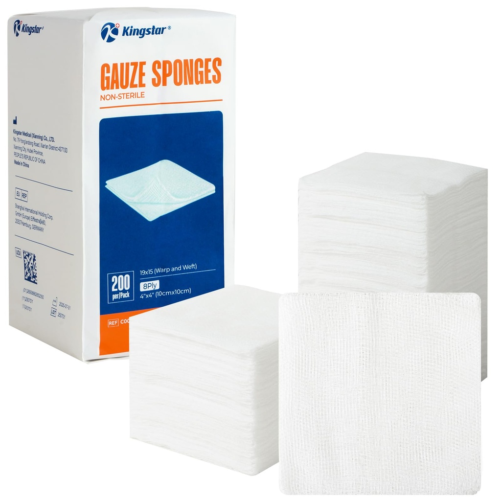 Kingstar 200 Count 4x4 Inch Gauze Sponges 8-Ply | Pure Cotton Woven Gauze Pads for First Aid, Wound Care, Skin Cleansing & Equipment Wiping