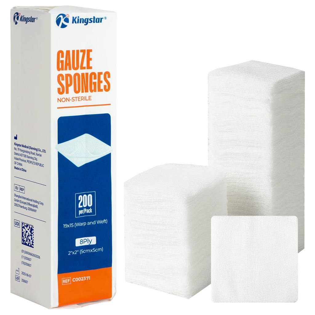 Kingstar 200 Count 2x2 Inch Gauze Sponges 8-Ply | Pure Cotton Woven Gauze Pads for First Aid, Wound Care, Skin Cleansing & Equipment Wiping