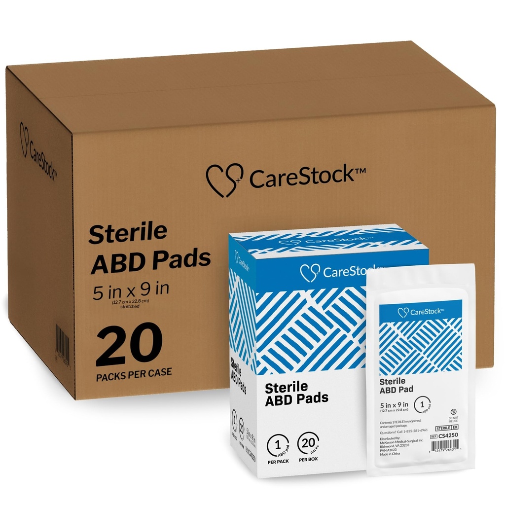 CareStock Abdominal Pads 5x9 in [400-Pack] Sterile ABD Pads, Extra Absorbent, Individually Wrapped, Wound Care First Aid, 20 Count, Pack of 20