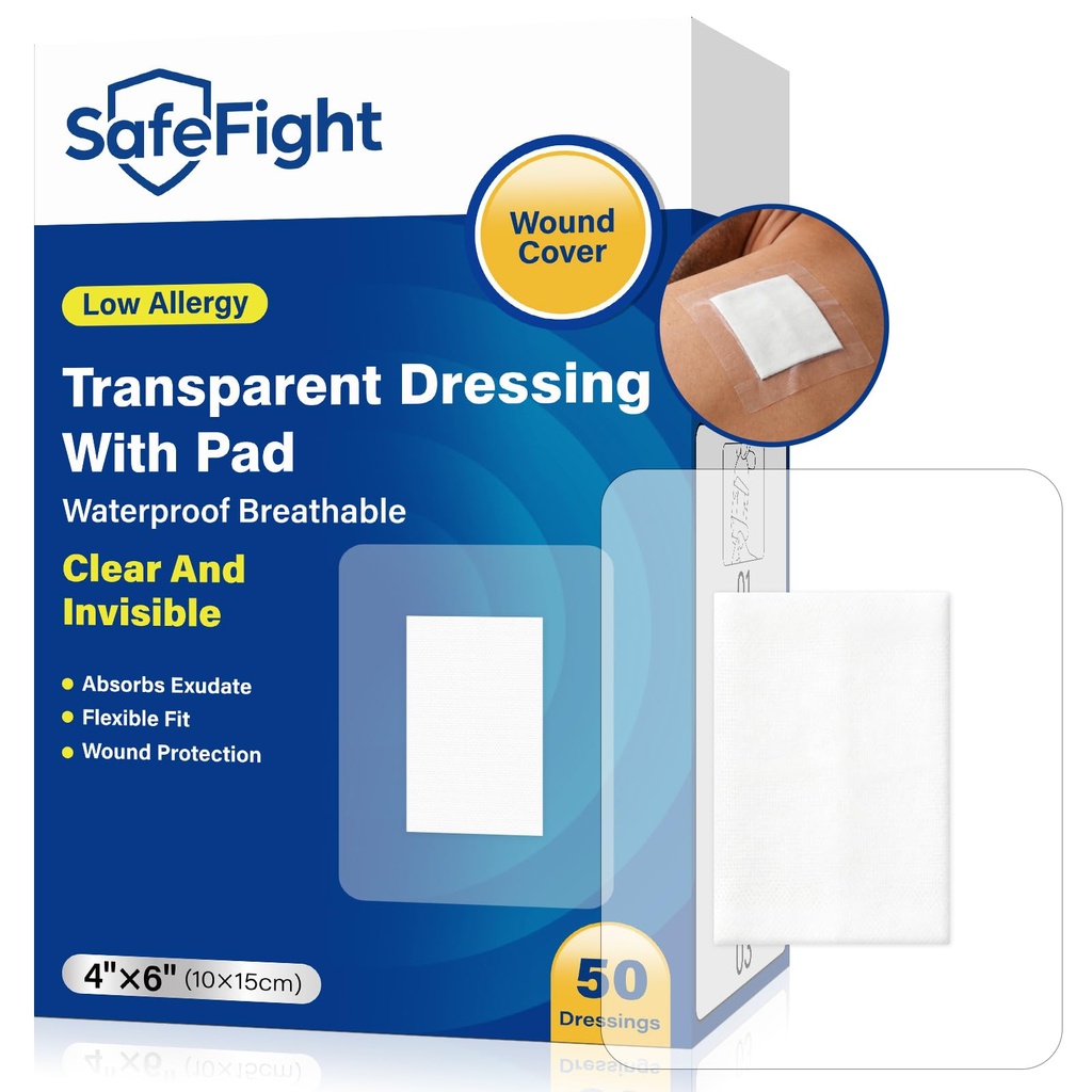 Transparent Film Dressing with Pad 50 Pack,Waterproof Adhesive Bandages for Wound Care,IV Shield, Tattoo Aftercare, Shower Protector(4"x 6")