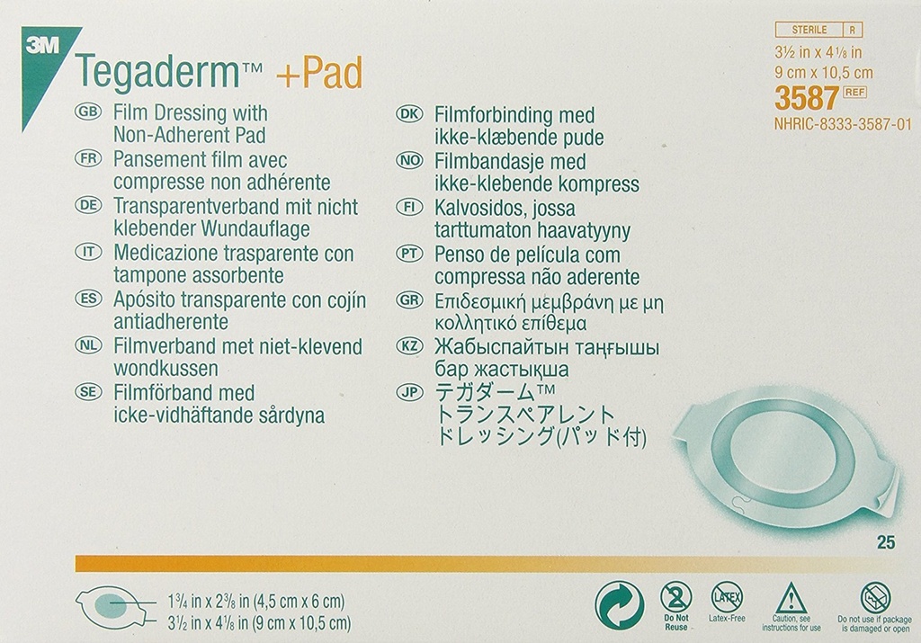 3M™ Tegaderm™ +Pad Film Dressing with Non-Adherent Pad, 3587 | Model 3587. Case pack: 4 Cartons/case; 25/Carton. Dressing for professional healthcare use.