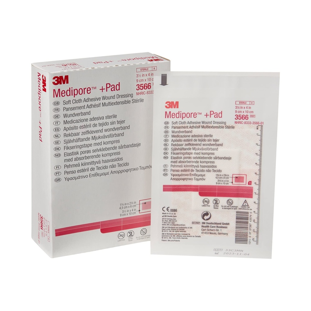 3M™ Medipore™ +Pad Soft Cloth Adhesive Wound Dressing, 3566, Dressing - 3-1/2 in x 4 in, Pad - 1-3/4 in x 2-3/8 in (Box of 25) | Sterile, White