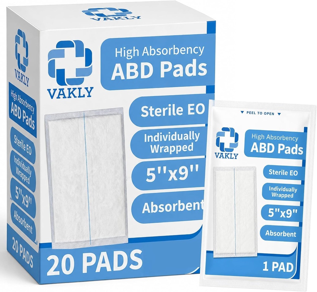 Vakly Sterile Abdominal ABD Combine Pads 5x9, High Absorbency Gauze, 100 Pk | Non-adherent, wound dressing, first aid pads, surgical pads, post op care, trauma pads, individually wrapped, heavy drainage