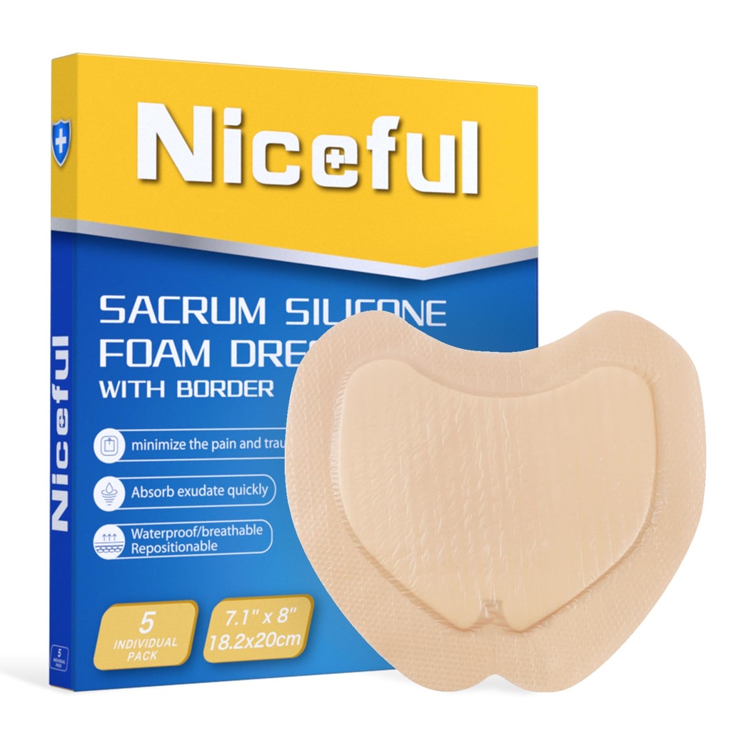Niceful Sacral Silicone Foam Dressing 7.1"x8" 5 PCS Bandages for Bed Sore | Sacral Contoured Ultra-Soft, 15X Absorption Anti-Maceration, Fits Sacrum Curve, Waterproof Hypoallergenic, Bedsores