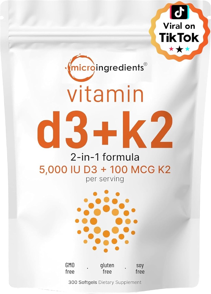 Micro Ingredients Vitamin D3 5,000 IU + K2 MK-7 100 mcg, 300 Softgels - 2-in-1 Bone, Immune ' Heart Support - easy to Swallow, Non-GMO
