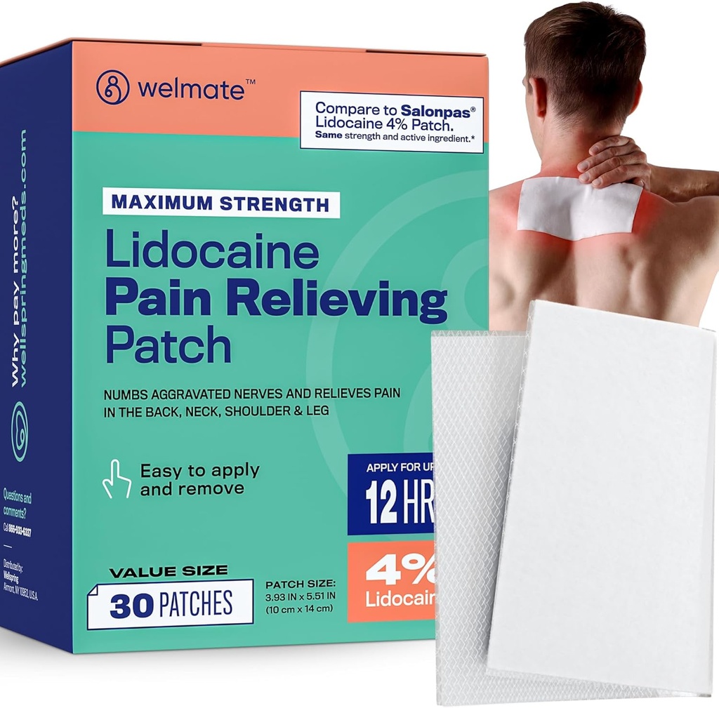 WELMATE - 4% Lidocain Numbing Patch - Maksimal styrke - Midlertidig lindring af smerte, Ryg, Hals, Skuldre, Knætter, Albuer, Mindre hudirritationer - Topical Analygesic Undufted - 30 ct