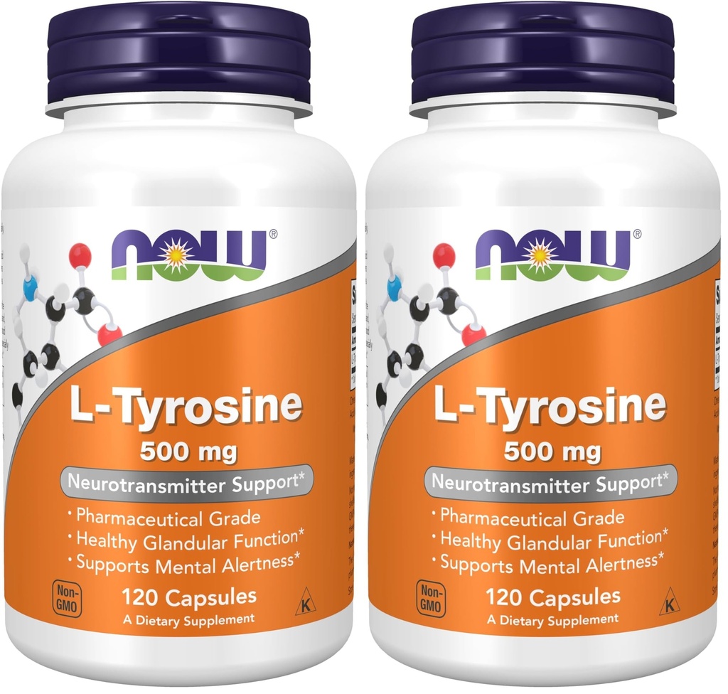 NOW Supplements, L-Tyrosine 500 mg, Supports Mental Alertness*, Neurotransmitter Support*, 120 Capsules (Pack of 2)