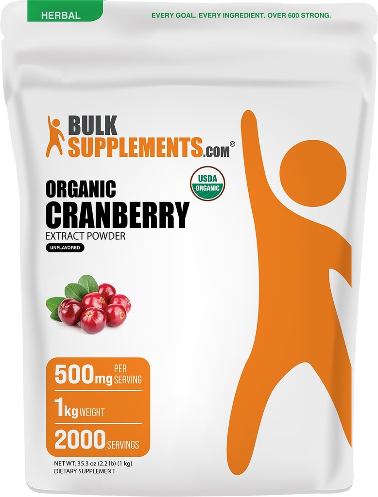 BulkSupplements.com Cranberry Extract Powder - Cranberry Flavoring Powder, Sourced from Vaccinium Macrocarpon Fruit - Vegan & Gluten Free, 500mg per Serving, 1kg (2.2 lbs) (Pack of 1)