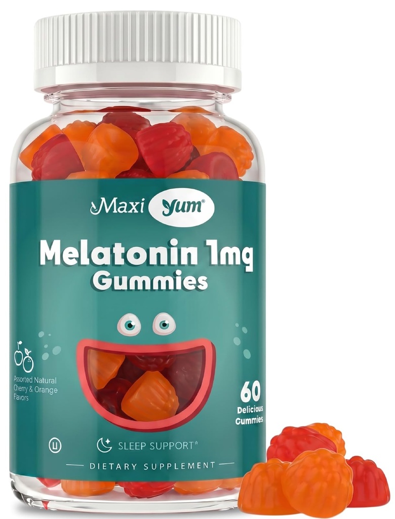 Maxi Health 1mg Melatonin Gummies – Kids Melatonin Chewables with Natural Cherry & Orange Flavor – Adult and Baby Sleep Help Supplement to Support Restful Nights (60 Count)