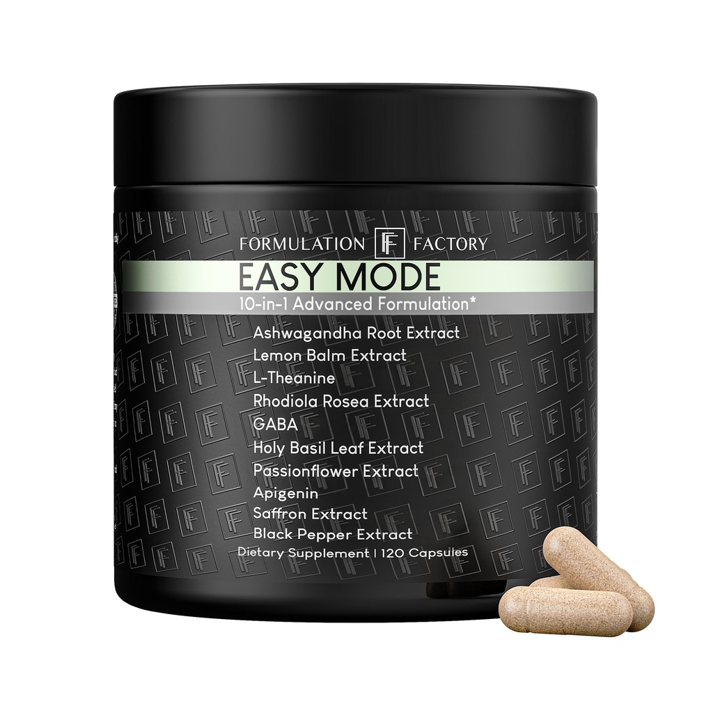 Easy Mode 10-in-1 Stress & Mood Support Supplement Ashwagandha L-Theanine Rhodiola Apigenin Saffron (120 Capsules)