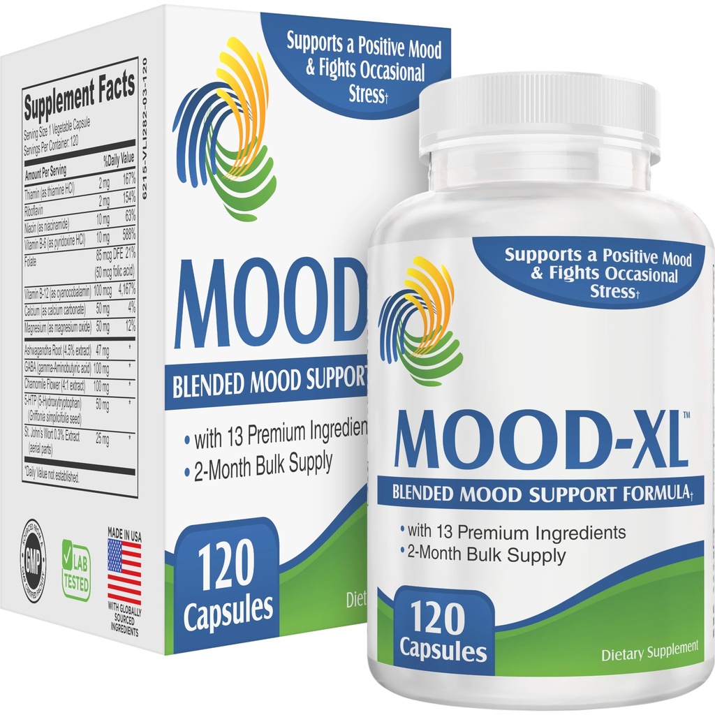 2-Month Mood Support Supplement (Mood-XL) | 13-Ingredient Calm & Balance Formula with 5-HTP, Ashwagandha, GABA & B-Vitamins | Mood Supplements | 60-Day Bulk Supply | 120 Capsules