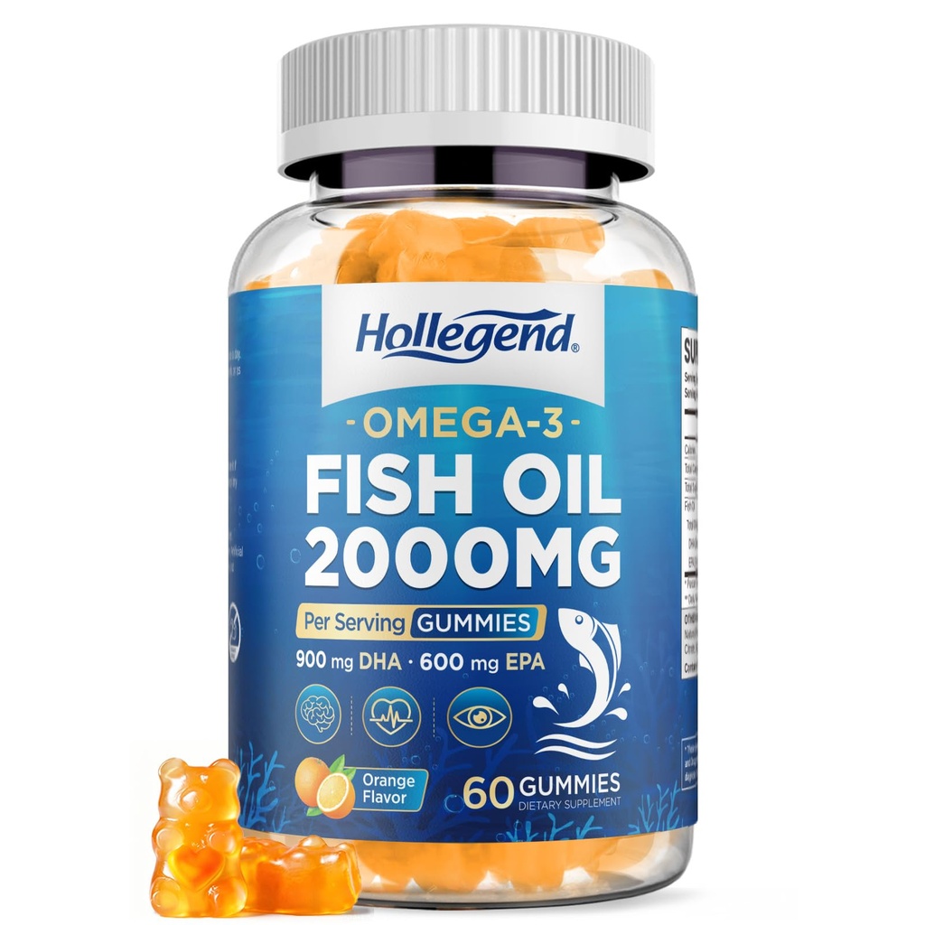 Omega 3 Fish Oil 2000mg Gummies for Adults, 60 Count | High Strength EPA & DHA, Fish Oil Omega 3 Fatty Acids Supplement for Brain, Eye Health, Orange Flavor, Sugar Free