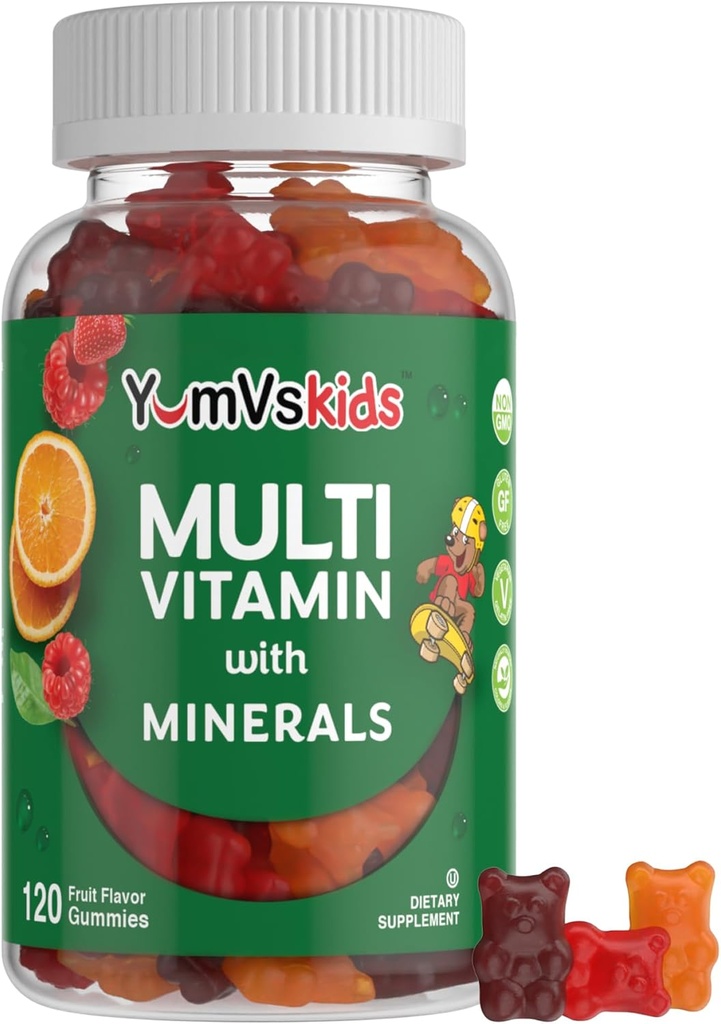 YumVs Děti Multivitamin Gummies - Ovoce ochucené žvýkací Dětský Multivitamin - Děti Vitamíny Multivitamin Gummy s 12 Minerály & Vitamíny A C D3 E B6 B12 (120 Počet (balení po 1))