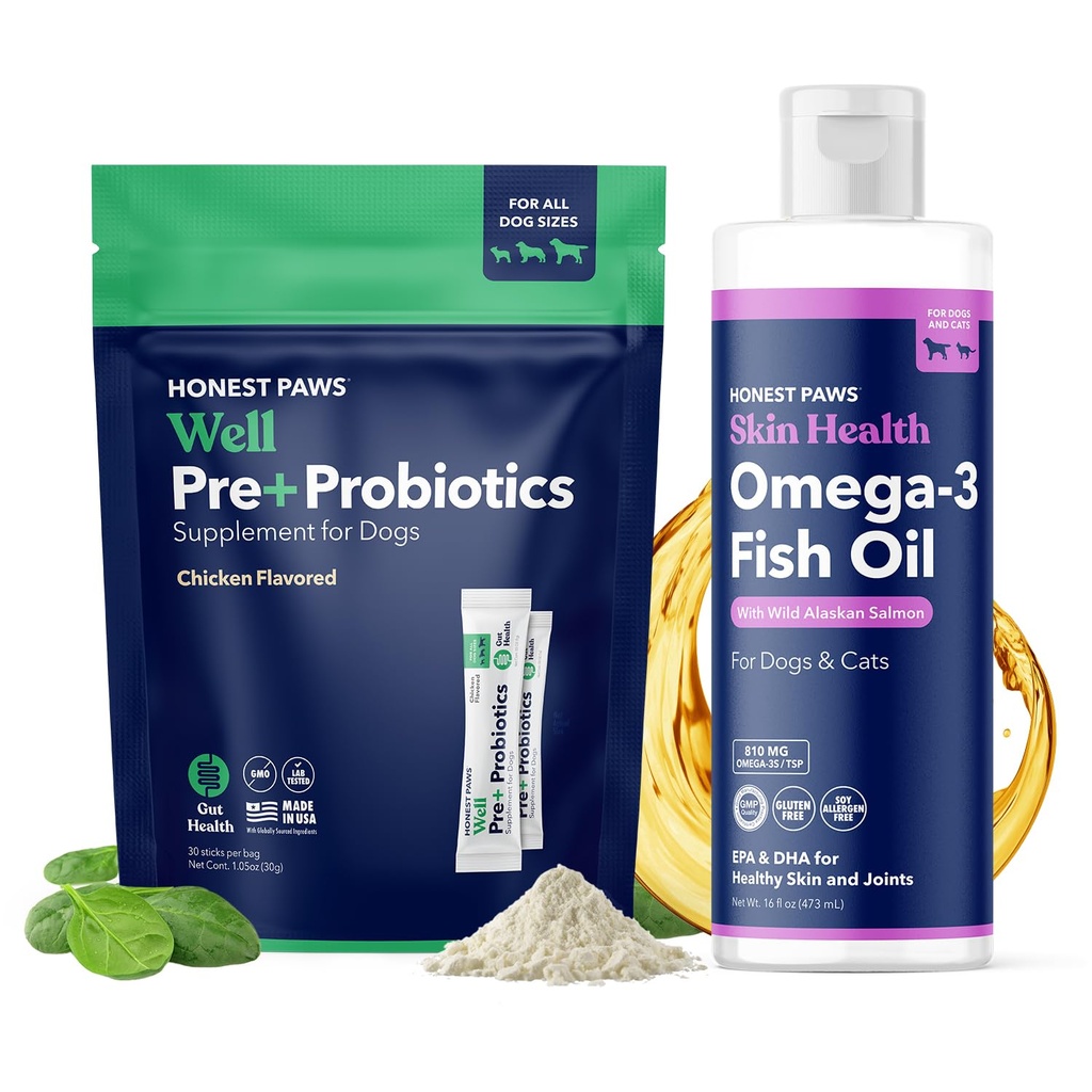Fish Oil and Probiotics for Dogs and Cats Bundle - Digestive & Immune Support Powder with Prebiotic - Omega-3 Wild Alaskan Salmon Oil - Healthy Skin and Joints
