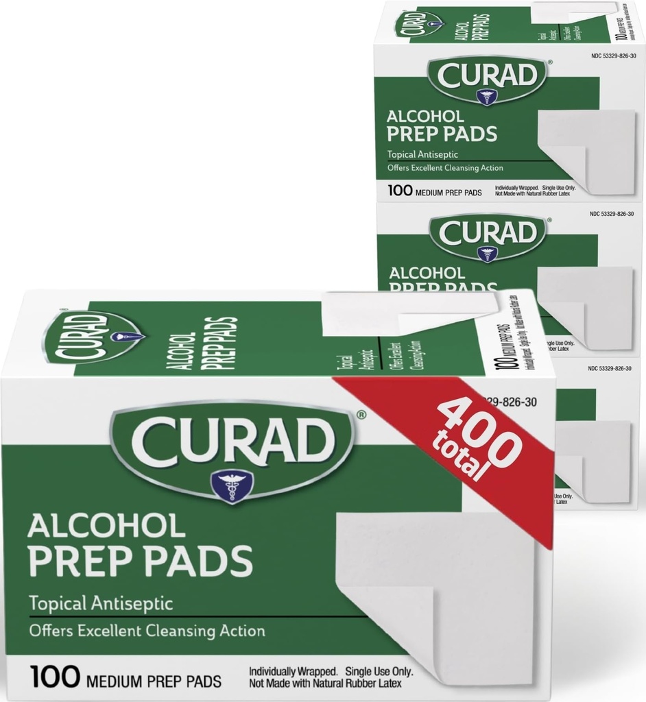 CURAD Alcohol Prep Pads, 400 Count, Medium 70% Isopropyl Alcohol Wipes, Individually Wrapped, First Aid Alcohol Swabs for Cuts & Scrapes, Medical Alcohol Pads