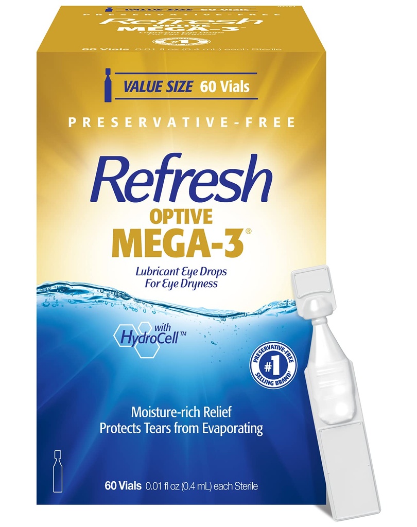 REFRESH OPTIVE MEGA-3 Lubricant Eye Drops Preservative-Free Artificial Tears, 0.01 fl oz (0.4 mL), 60 Single-Use Containers