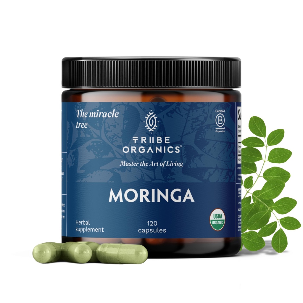 TRIBE ORGANICS 1800mg Organic Moringa Oleifera Powder for Energy | Joints | Brain Function - High Potency Nutrient Rich Greens Superfood | Natural Leaf Plant Protein | Antioxidant - 120 Vegan Capsules