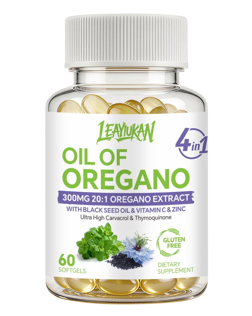 Oregano Oil 300mg with Black Seed Oil & Zinc – Immune Support, 60 Softgels | 4-in-1 Digestive Support with Oregano, Black Seed Oil, Vitamin C & Zinc – High Carvacrol, Antioxidant, Non-GMO, 30-Day Supply