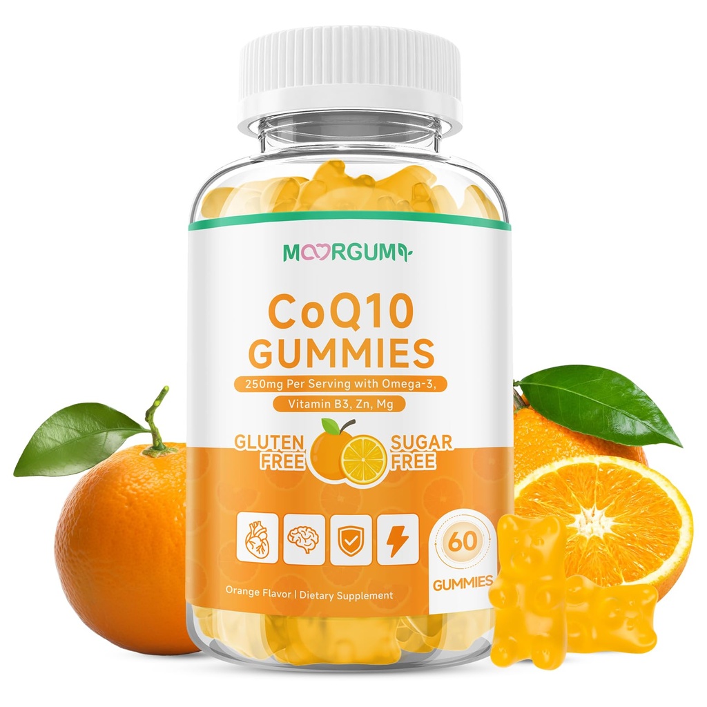 CoQ10 Gummies, 250mg Coenzyme Q10 High Absorption Supplements with Omega-3, Vitamin B3, Zinc, Magnesium, Supports Heart Health, Cellular Energy & Antioxidant, Vegan, Non-GMO, Orange Flavor, 60 Count